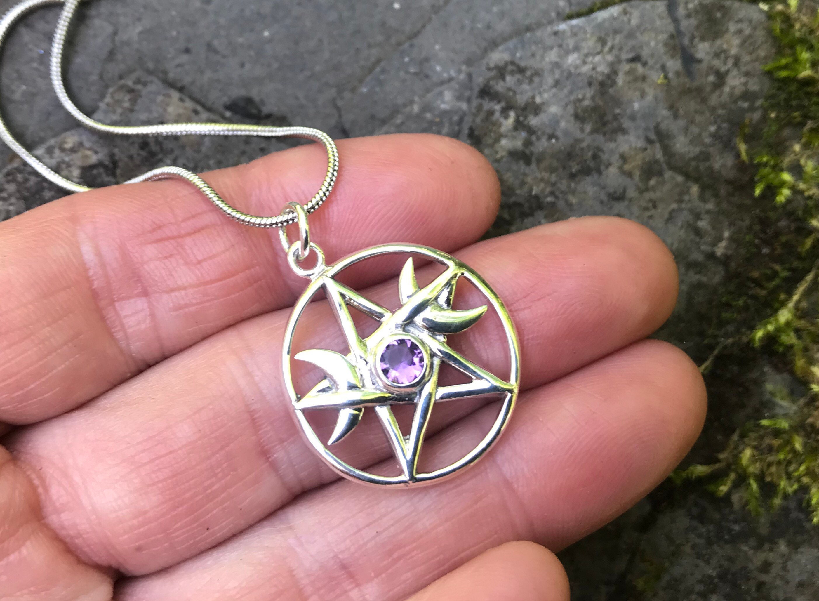 【PondPhuwin】MYSTIC LOCKET YFN Triple Moon Goddess Necklace Sterling Silver Pentagram