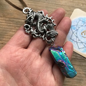 CRYSTAL DRAGON PENDANT silver aura quartz point druzy serpent celtic fantasy oriental Wisdom Healing talisman amulet