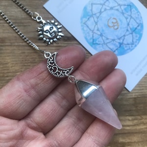 PENDULE EN QUARTZ ROSE soleil lune boule druzy fairtrade radiesthésie argent lourde amulette de cérémonie chaman païen wicca chakra