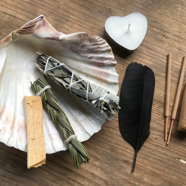 large CLAM SHELL SMUDGE set organic natural bowl smudging shell shaman smudge ceremony natuve american altar sage palo sweetgrass