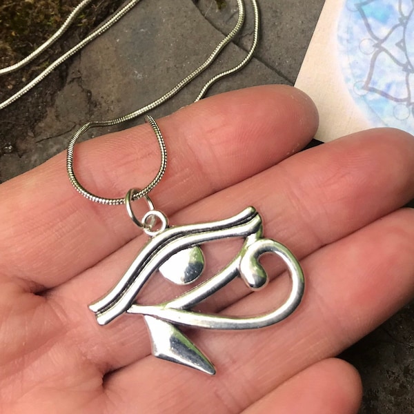 EYE of HORUS PENDANT Hawk eye lunar moon eye mandala charm pendant - egyptian isis horus goddess evil eye of protection silver