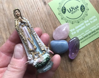 MOTHER MARY SET pocket travel Mini small fatima goddess statue with ethical crystal altar shrine puja mother deity catholic christian