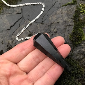 LARGE BLACK TOURMALINE Pendulum large dowsing silver facet faceted heavy dowser amulet ceremonial shaman pagan wicca chakra