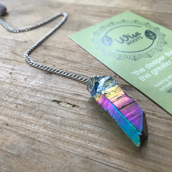 RAINBOW AURA QUARTZ pendulum quartz point angelic wand dowsing pendulum crystal colour chakra healing emotional healing pink gold blue