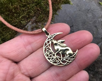 HARE MOON PENDANT amulet solid bronze talisman fertility celtic shaman wicca druid pagan mandala unusual gift totem rabbit power animal