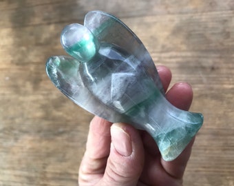 HUGE FLUORITE ANGEL carved palm stone crystal  gemstone - bedside meditation prayer healing cleansing green clear purple altar pocket gift