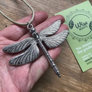 LARGE SILVER DRAGONFLY huge Pendant wings insect realistic Necklace charm Balancing  druid pagan wiccan goddess unusual gift power vegan