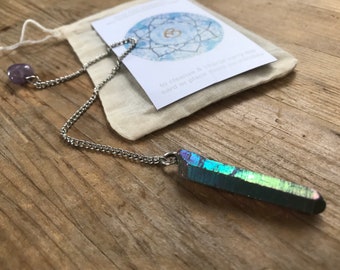 AURA QUARTZ PENDULE arc-en-ciel quartz point baguette angélique pendule radiesthésie cristal couleur chakra guérison émotionnelle guérison rose or bleu