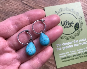 TURQUOISE HOOP EARRINGS drop silver plated Copper . hand made vegan friendly cruelty free  - for plugs tunnels . blue turquoise