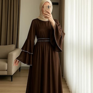 Brown Formal Dress, Modest Dress for Women, Satin Eid Abaya Dress, Maxi Long Sleeve Evening Dress, Abaya Prom Dress, Modest Graduation Dress
