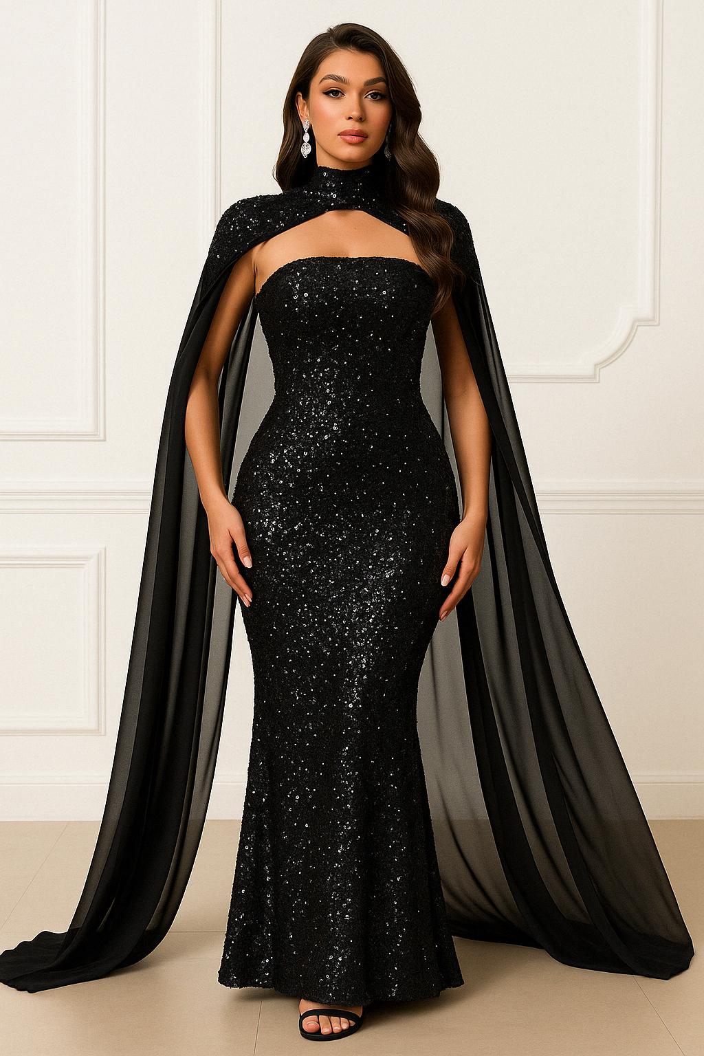 long sparkly black dress Sequin Fitted Strapless Slit Gown by Ladivine CD3929 main image 1
