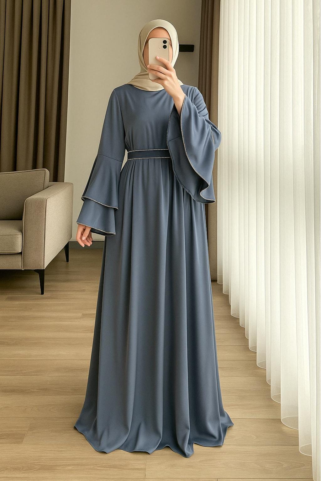 Brown Modest Midi Dress With Waist Tie High Neck Long Sleeve Elegant Dress main image 1