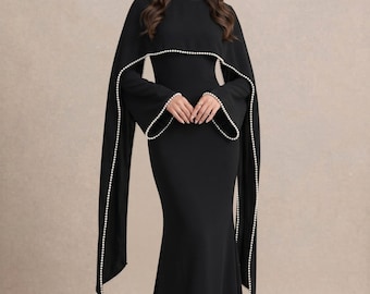 Vestido preto para convidada de casamento com xale de pérolas drapeado – Vestido maxi preto discreto para formatura, traje formal, manga longa.