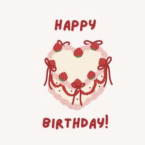Vintage Heart Cake Happy Birthday Cute Card Blank Foldable Instant Download
