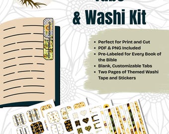 Paquete imprimible de pestañas bíblicas con diseño de girasoles y cinta washi / Kit para diario cristiano / Descarga digital en PDF y PNG