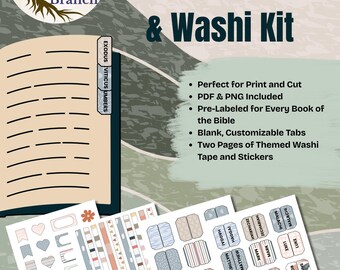 Paquete imprimible de pestañas bíblicas estilo boho y cinta washi / Kit para diario cristiano / Descarga digital en PDF y PNG