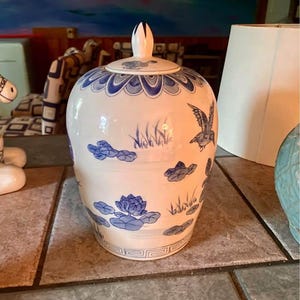Blue and White Chinoiserie Ginger Jar 10" Lidded Vase | Vintage Asian Decor | Floral Bird Ceramic Temple Jar