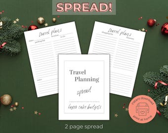 May include: A printable travel planning spread with two pages. The first page has sections for dates, location, packing list, and to-do. The second page has sections for shopping list and itinerary. The text "Travel Planning spread" is in the center of the page with the text "Layer cake budgets" below it. The text "2 page spread" is at the bottom of the page. The text "Instant download, print at home" is in a red circle with a printer icon.