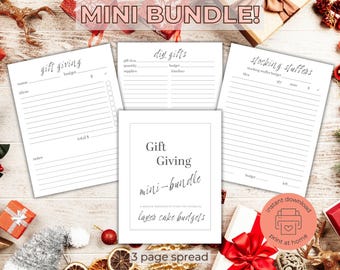 May include: A printable 3-page gift giving planner with sections for gift ideas, DIY gifts, and stocking stuffers. The planner includes space for budgets, quantities, and notes. The text "Gift Giving mini-bundle Layer cake budgets" is printed on the cover.
