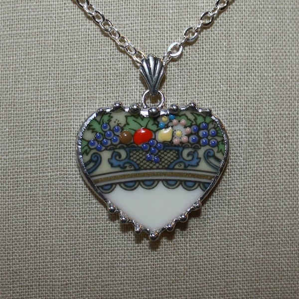 Broken China Jewelry Lenox Autumn Fruit Basket Broken China Jewelry Heart Pendant Necklace