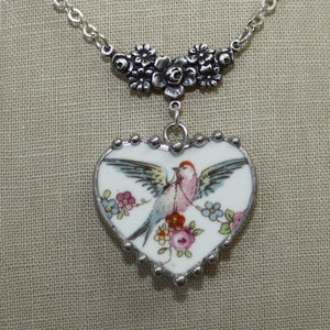 Broken China Jewelry Bluebird Bird with Floral Roses Swag Heart Necklace