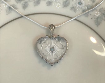 Broken China Jewelry, Lenox Windsong China Heart, Sweet and Petite Pendant Necklace, 20th Anniversary Gift