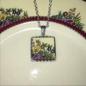 Broken China Jewelry Lenox Rutledge Floral Square Pendant Necklace