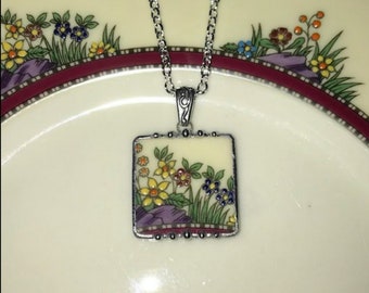 Broken China Jewelry Lenox Rutledge Floral Square Pendant Necklace