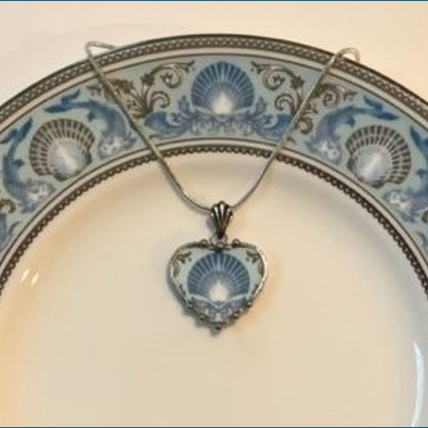 Broken China Jewelry, Wedgwood Blue Dolphin China Heart, Sweet and Petite Pendant Necklace, 20th Anniversary Gift