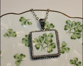 Broken China Jewelry, Handcrafted Aynsley Irish Shamrock, Ornate Square Pendant Necklace. Wear "the Luck of the Irish"