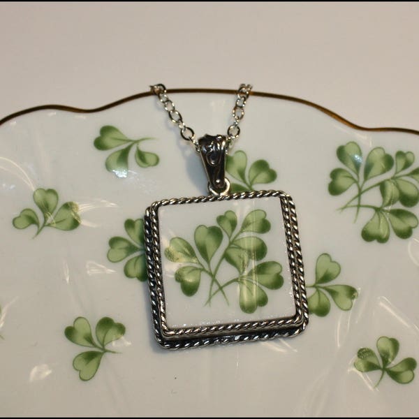 Broken China Jewelry, Handcrafted Aynsley Irish Shamrock, Ornate Square Pendant Necklace. Wear "the Luck of the Irish"