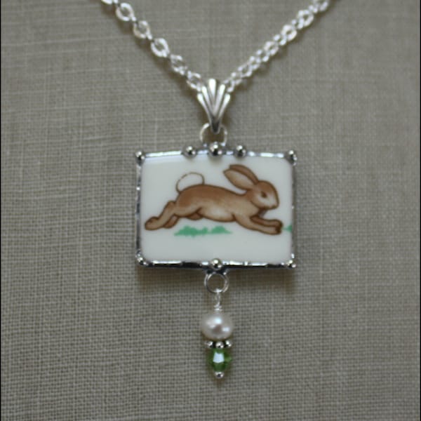 Royal Doulton BUNNYKINS Broken China Jewelry Running Bunny Rabbit Rectangle Necklace