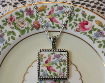 Broken China Jewelry, Handcrafted Cotswold, Rainbow Bird Square Pendant Necklace