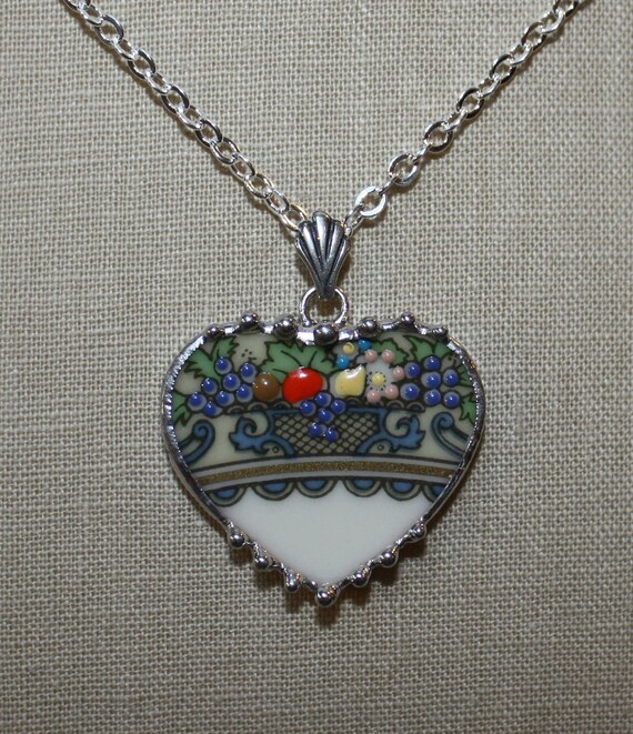Broken China Jewelry Lenox Autumn Fruit Basket Broken China Jewelry Heart Pendant Necklace