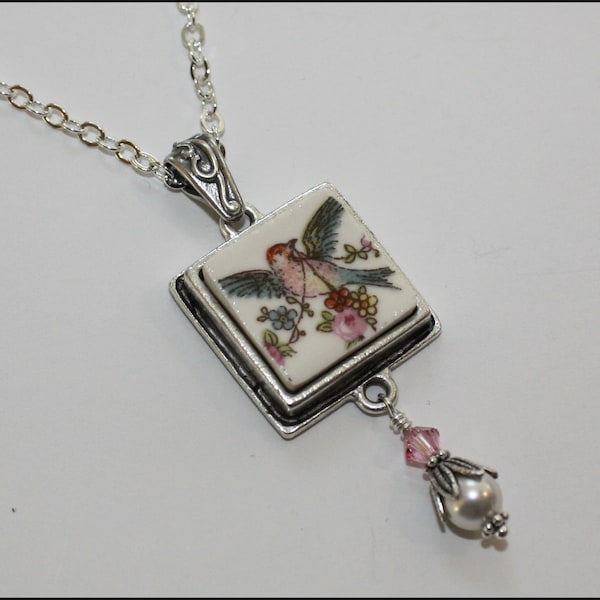 Handcrafted Broken China Jewelry, China Bluebird and Roses, Square Pendant Necklace