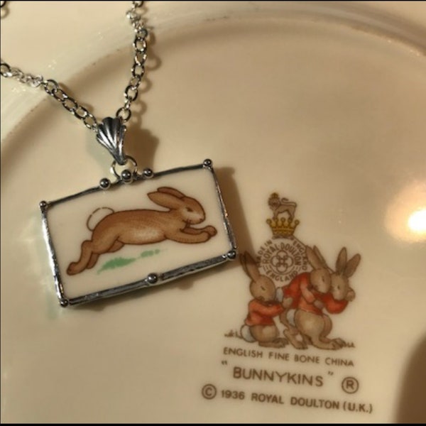 Royal Doulton BUNNYKINS Broken China Jewelry Running Bunny Rabbit Rectangle Necklace