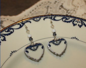 Handcrafted Broken China Jewelry, Lenox Liberty Heart Earrings