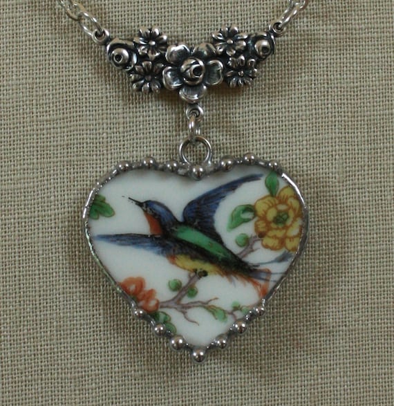 Broken China Jewelry Theodore Haviland Limoges Bird, Hummingbird 