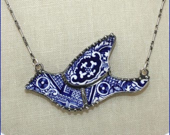 Blue Willow Mosaic Love Bird Broken China Jewelry Pendant Necklace by robinsrelics