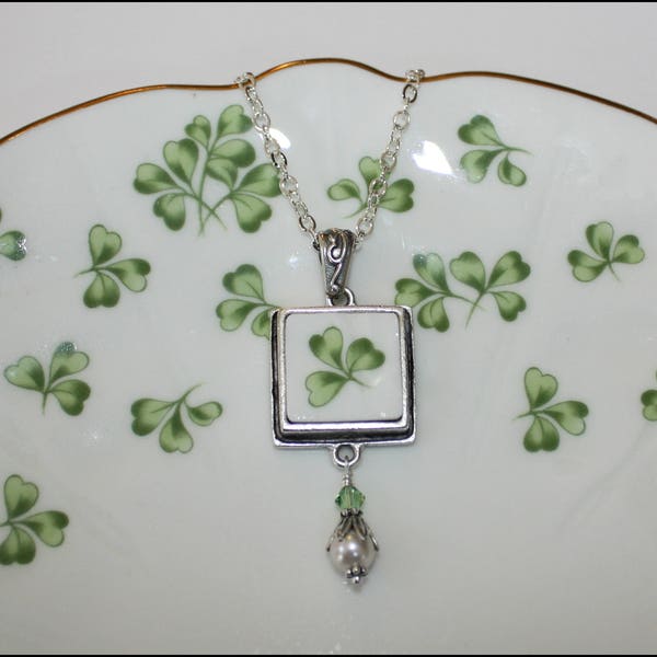 Handcrafted Broken China Jewelry, Aynsley China Shamrock, Square Clover Pendant Necklace "Luck of the Irish"