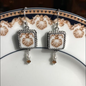 Handcrafted Broken China Jewelry, Wedgwood Medici Ornate Square Earrings
