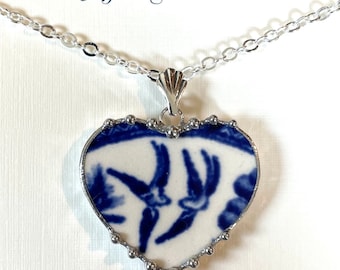 Blue Willow Broken China Jewelry Heart Necklace, Two Birds, Doves, Lovers Heart Pendant