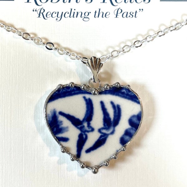 Blue Willow Broken China Jewelry Heart Necklace, Two Birds, Doves, Lovers Heart Pendant