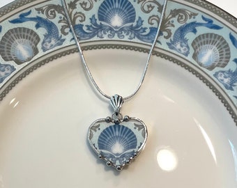 Broken China Jewelry, Wedgwood Blue Dolphin China Heart, Sweet and Petite Pendant Necklace, 20th Anniversary Gift