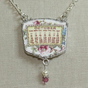October 1921 Calendar Plate Broken China Jewelry Necklace with Month and Flowers