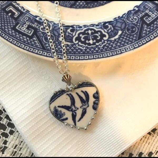 Blue Willow Broken China Jewelry Heart Necklace, Two Birds, Doves, Lovers Heart Pendant