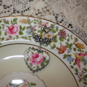 Broken China Jewelry Cotswold "Royal Crown Derby" PINK ROSE Heart Necklace