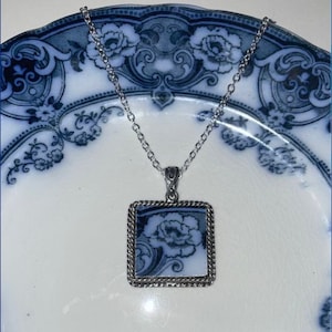 Broken China Jewelry,Flow Blue Burslem Devon Pattern, Ornate Square Pendant Necklace, &quot;Something Old and Something Blue&quot;