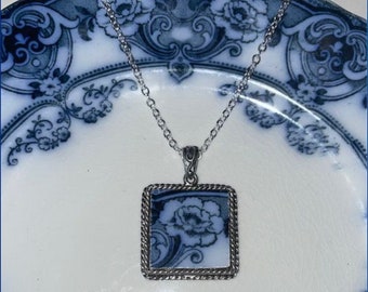 Broken China Jewelry,Flow Blue Burslem Devon Pattern, Ornate Square Pendant Necklace, "Something Old and Something Blue"