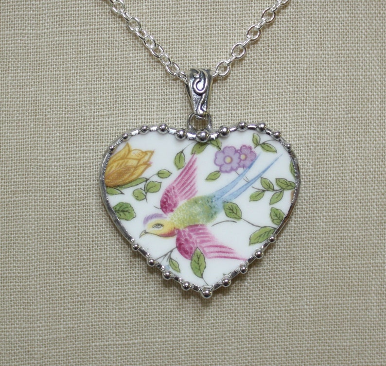 Broken China Jewelry Cotswold Rainbow Bird Large Heart Pendant Etsy